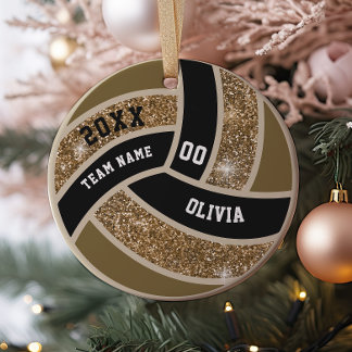 Custom Faux Gold Glitter White & Black Volleyball Ceramic Ornament