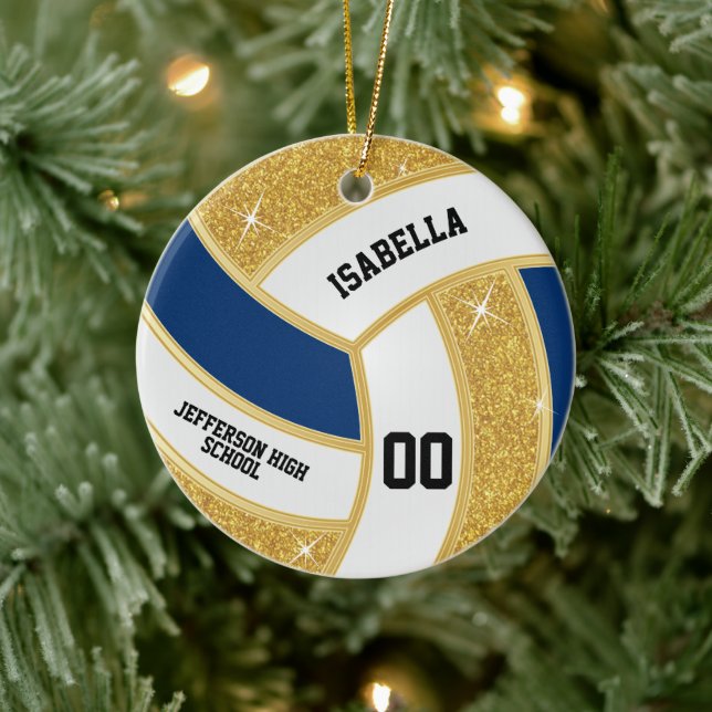Custom Faux Gold Glitter, White & Blue Volleyball Ceramic Ornament (Tree)