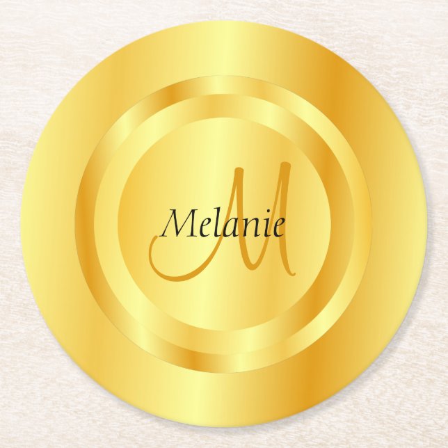 Custom Faux Gold Modern Monogram Elegant Template Round Paper Coaster (Front)