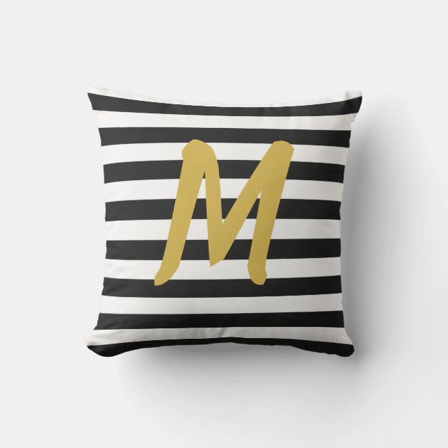 Custom Faux Gold Monogram on Black and White Cushion (Front)