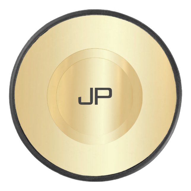 Custom Faux Gold Monogram Template Trendy Hockey Puck (Front)