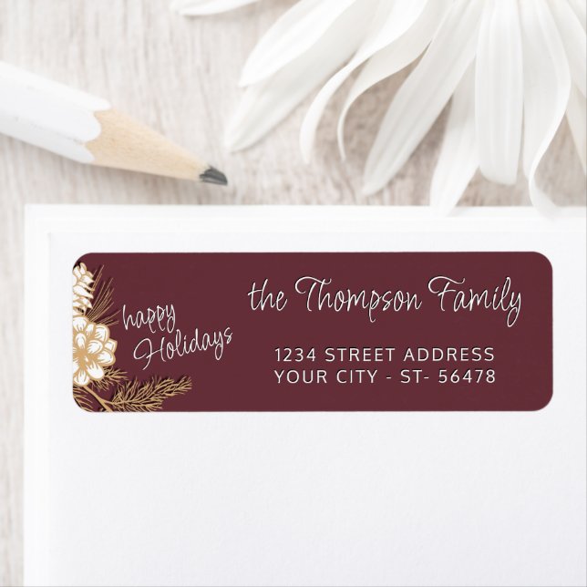 Custom Faux Gold Pine Cones Needles Return Address Label (Insitu)