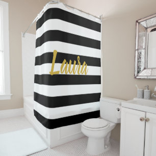 Custom Faux Gold Script   Black and White Stripes Shower Curtain