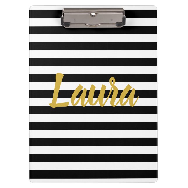 Custom Faux Gold Script on Black and White Stripes Clipboard (Front)