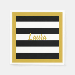 Custom Faux Gold Script on Black and White Stripes Napkin