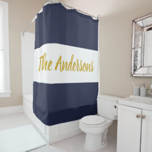 Custom Faux Gold Script Template on Black & White Shower Curtain