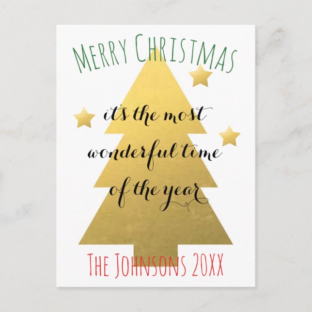 Custom Faux gold stars Christmas tree Holiday Postcard (Front)