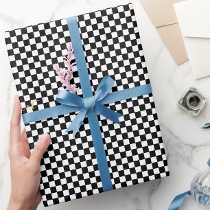 Custom Faux Gold Text Black and White Checkered Wrapping Paper