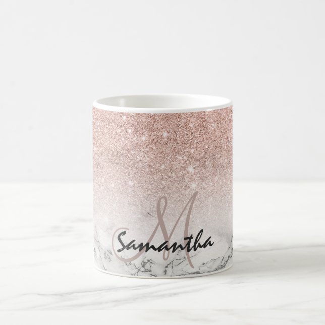 Custom faux rose pink glitter ombre white marble coffee mug (Center)