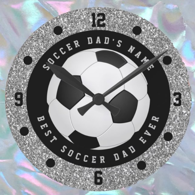 Custom Faux Silver Glitter Soccer Ball Soccer Dad Round Clock (Creator Uploaded)
