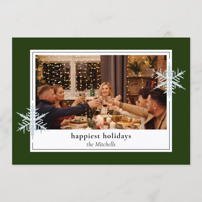 Custom Faux Silver Snowflakes On Dark Forest Green Holiday Card (Front)