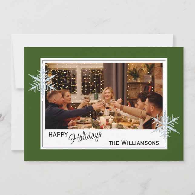 Custom Faux Silver Snowflakes On Dark Forest Green Holiday Card (Front)