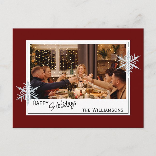 Custom Faux Silver Snowflakes On Dark Wine Red Postcard (Front)