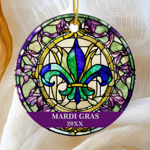 Custom Faux Stained Glass Mardi Gras Flower Ceramic Ornament