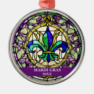 Custom Faux Stained Glass Mardi Gras Flower Metal Ornament