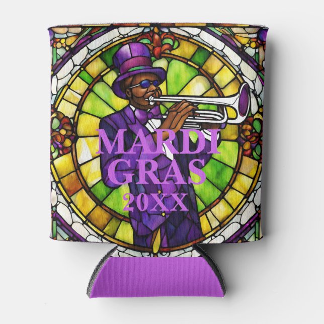 Custom Faux Stained Glass Mardi Gras Jazz Can Cooler (Front)