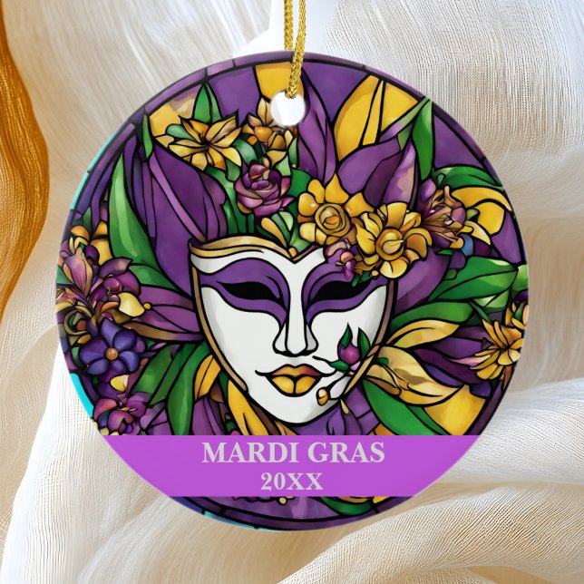Custom Faux Stained Glass Mardi Gras Mask Ceramic Ornament (Creator Uploaded)