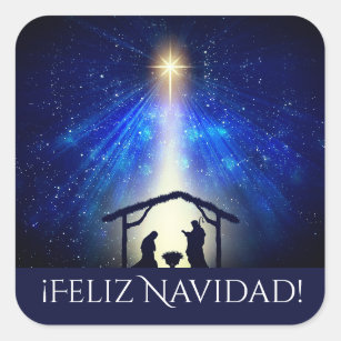 Custom Feliz Navidad Blue Nativity Christmas Star Square Sticker