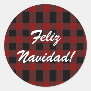 Custom Feliz Navidad Christmas Red Plaid Spanish Classic Round Sticker