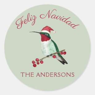 Custom Feliz Navidad Ruby-throated Hummingbird Classic Round Sticker