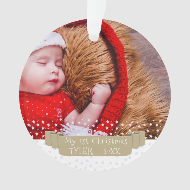 Custom Festive Baby`s First Christmas Photo Ornament (Front)