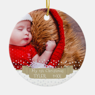 Custom Festive Banner Baby`s First Christmas Photo Ceramic Ornament