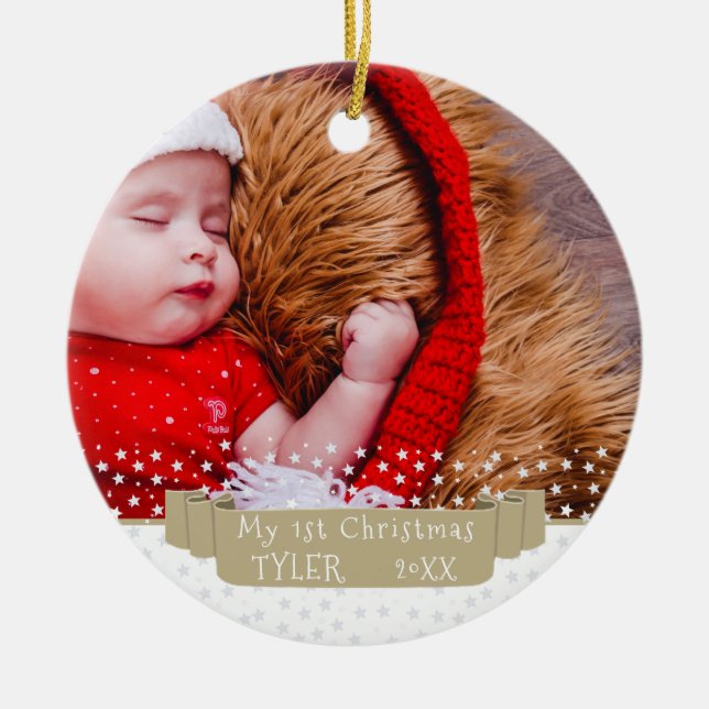 Custom Festive Banner Baby`s First Christmas Photo Ceramic Ornament (Front)