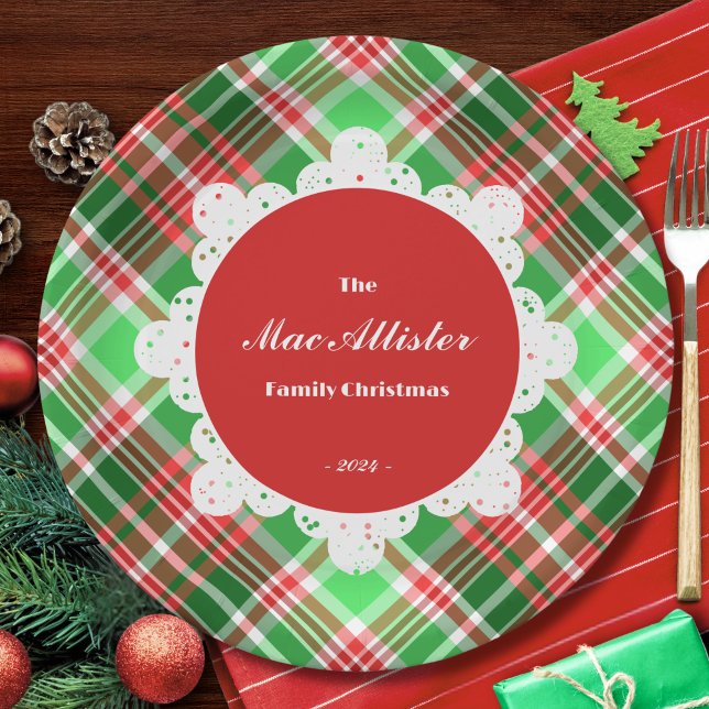 Custom Festive Classic Red Green Christmas Plaid  Paper Plate (Creator Uploaded)