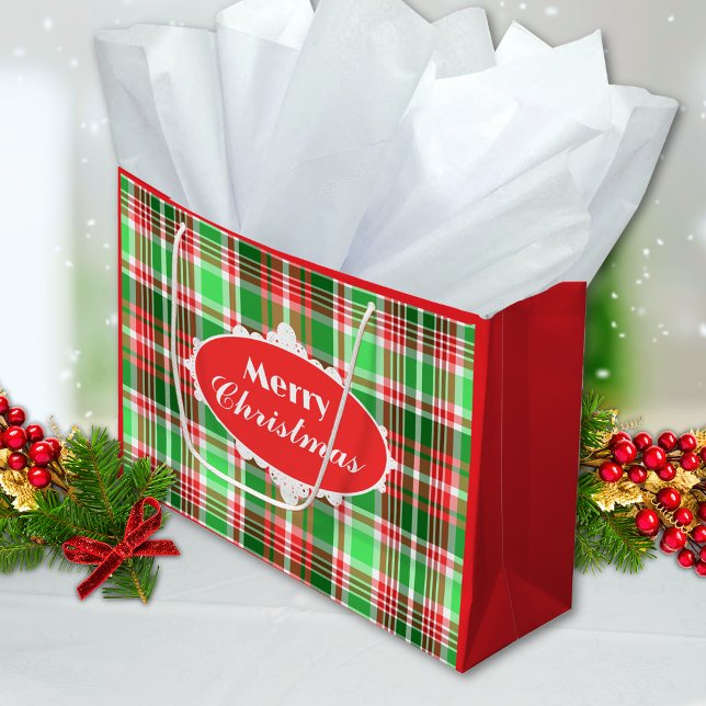 Custom Festive Red Green Plaid Merry Christmas Large Gift Bag (Creator Uploaded)