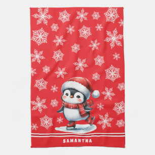 Custom Festive Red Penguin Ice Skater Christmas Tea Towel