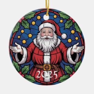Custom Festive Santa Stained Glass Artwork Ceramic Ornament