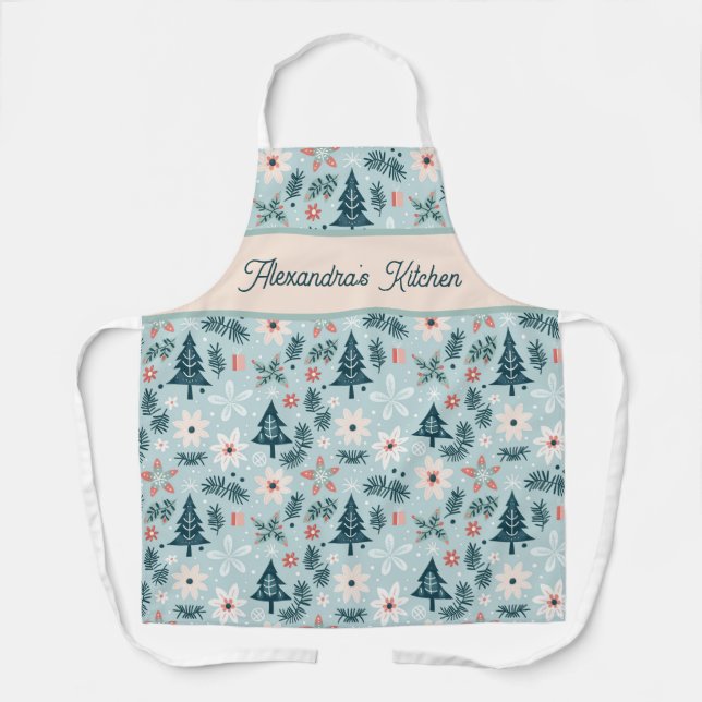Custom Festive Tree and Flower Design Apron (Front)