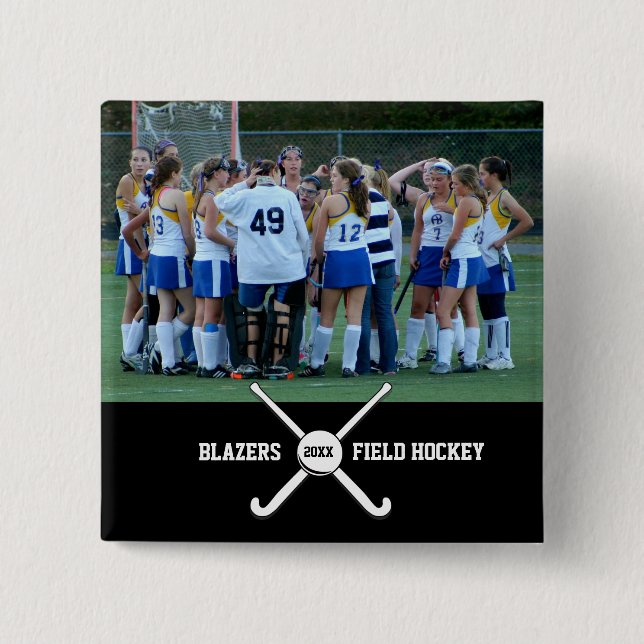 Custom Field Hockey Photo Collage Name Team Number 15 Cm Square Badge (Front)