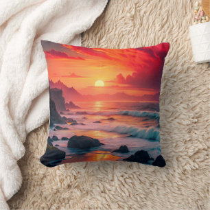 Custom Fiery Sunset Coastline – Ocean Cliffs Cushion