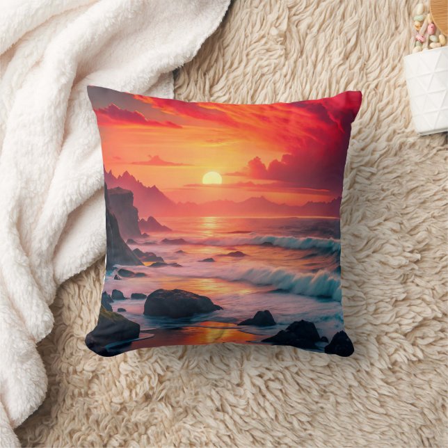 Custom Fiery Sunset Coastline – Ocean Cliffs Cushion (Blanket)