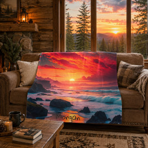 Custom Fiery Sunset Coastline – Ocean Cliffs Fleece Blanket