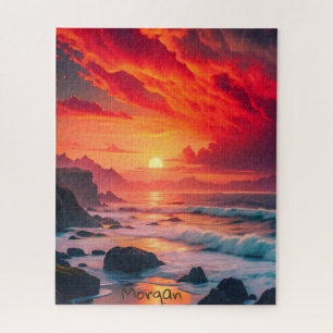 Custom Fiery Sunset Coastline – Ocean Cliffs Jigsaw Puzzle