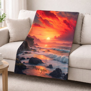 Custom Fiery Sunset Coastline – Ocean Cliffs Sherpa Blanket