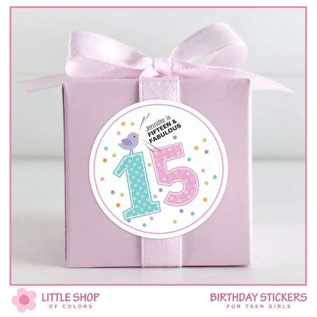 Custom Fifteen and Fabulous Pink Confetti Birthday Classic Round Sticker (Creator Uploaded)