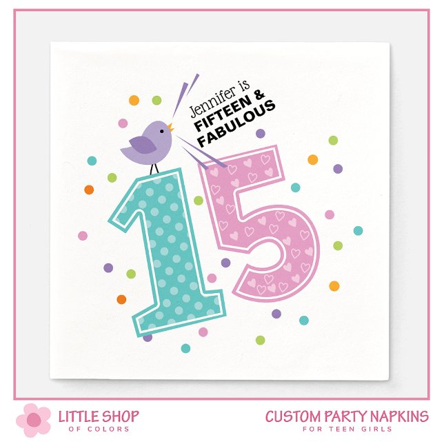 Custom Fifteen and Fabulous Pink Confetti Birthday Napkin (Creator Uploaded)