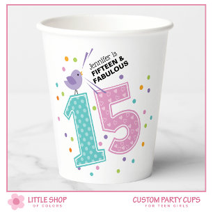 Custom Fifteen and Fabulous Pink Confetti Birthday Paper Cups