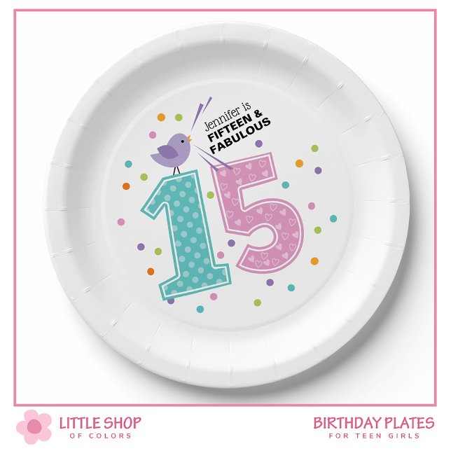 Custom Fifteen and Fabulous Pink Confetti Birthday Paper Plate (Creator Uploaded)