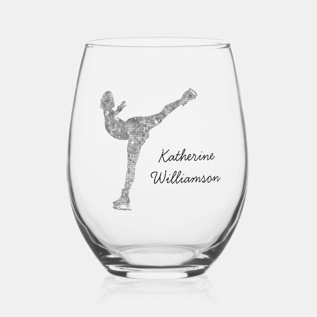 Custom Figure Skating Ice Skating Silver Shimmer Stemless Wine Glass (Front)