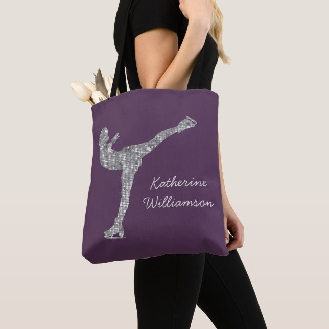 Custom Figure Skating Ice Skating Silver Shimmer Tote Bag (Close Up)