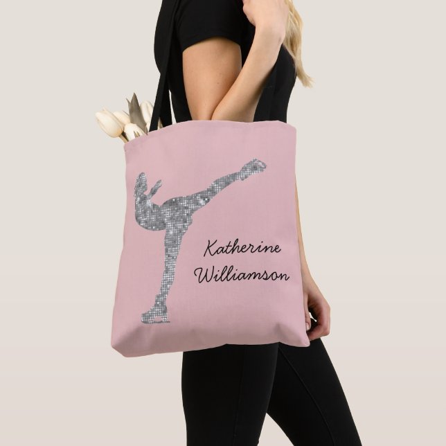Custom Figure Skating Ice Skating Silver Shimmer Tote Bag (Close Up)
