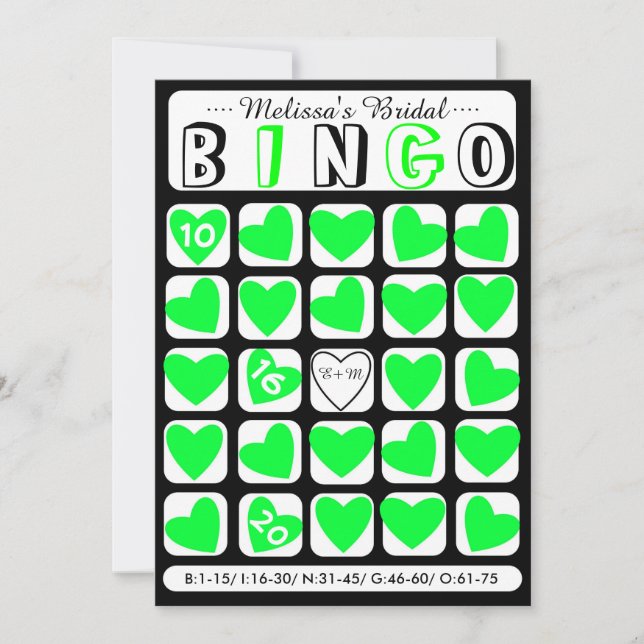 Custom fill it in bridal bingo green game card (Front)