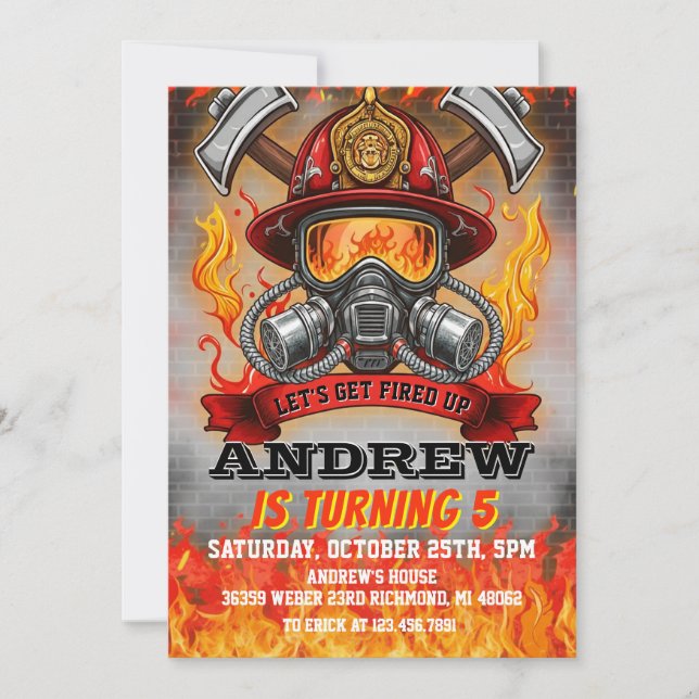 Custom Fire Fighter Mask Fire Department birthday Invitation (Front)