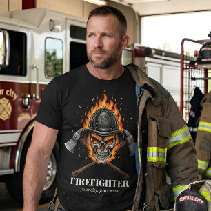 Custom Firefighter Flame Skull Inferno Crossed T-Shirt