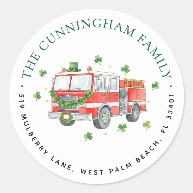 Custom Firefighter St. Patrick's Day Address Classic Round Sticker (Front)