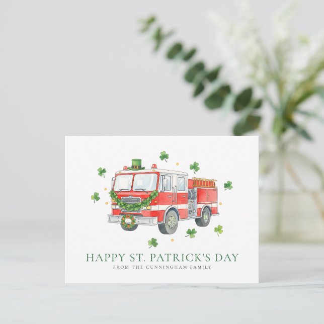 Custom Firefighter St. Patrick's Day Fire Truck Postcard (Standing Front)
